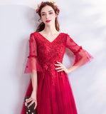 Red v neck lace long prom dress A line evening gown HZ1023
