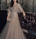 Champagne lace sequins long ball gown dress formal dress HZ1023