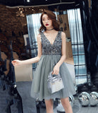 Gray tulle beads short prom dress fashion dress HZ1023
