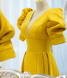 Yellow satin long A line prom dress evening dress HZ1023