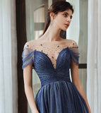 Blue tulle beads long prom dress evening dress HZ1023