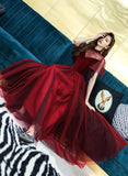 Burgundy velvet tulle prom dress burgundy evening dress HZ1023