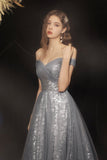 Grey long A line prom dress off shoulder evening dress HZ1023
