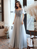 Gray tulle beads prom dress evening dress HZ1023