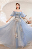 Blue lace long A line prom dress blue evening dress HZ1023