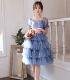 Blue tulle short A line prom dress homecoming dress HZ1023