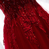 Burgundy tulle lace long prom dress HZ1023
