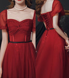 Burgundy tulle long prom dress evening dress HZ1023