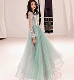 Green lace applique prom dress A line evening dress HZ1023
