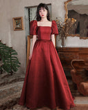 Burgundy satin long A line prom dress homecoming dress HZ1023