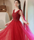 Red tulle beads long A line prom dress evening dress HZ1023
