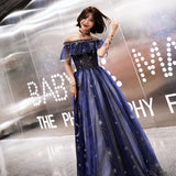 Blue tulle long prom dress with stars HZ1023