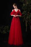 Red tulle sequins long A line prom dress red evening dress HZ1023