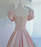 Pink satin long A line prom dress pink evening dress HZ1023