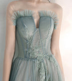 Stylish tulle lace long prom dress green evening dress HZ1023