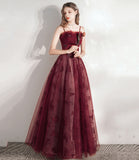 Burgundy tulle long A line prm dress evening dress HZ1023