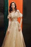 Gold tulle sequins long prom dress A line evening dress HZ1023