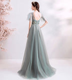 Elegant v neck lace long prom dress evening dress HZ1023