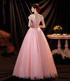 Pink tulle applique long A line prom dress evening dress HZ1023