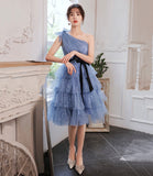 Blue tulle short prom dress one shoulder evening dress HZ1023