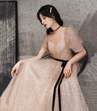 Champagne tulle long A line prom dress evening dress HZ1023