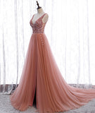 Pink v neck tulle beads prom dress A line evening dress HZ1023