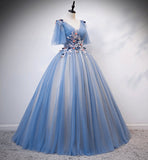 Blue v neck tulle long prom gown formal dress HZ1023