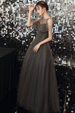 Gray tulle long A line prom dress evening dress HZ1023