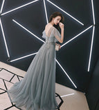 Grey tulle lace long prom dress lace evening dress HZ1023