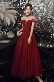 Burgundy tulle beads long A line prom dress evening dress HZ1023