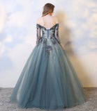 Blue lace long A line prom dress evening dress HZ1023