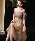 Gold tulle beads short prom dress party dress HZ1023