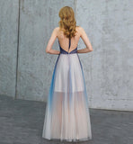 Blue v neck tulle long prom dress blue evening dress HZ1023