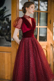 Burgundy tulle short prom dress A line evening dress HZ1023
