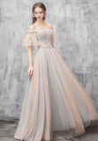 Champagne tulle beads prom dress evening dress HZ1023