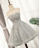 Gray tulle sequins short prom dress HZ1023