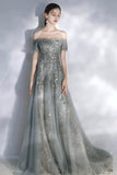 Grey sequins long A line prom dress evening dress HZ1023