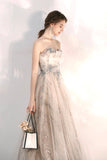 Champagne tulle sequins long A line prom dress HZ1023