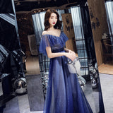 Blue tulle sequins long prom dress HZ1023