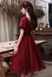 Burgundy tulle short A line prom dress homecoming dress HZ1023