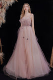 Pink tulle long A line prom dress evening dress HZ1023