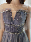 A line tulle sequins long prom dress HZ1023