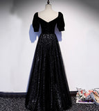Elegant tulle sequins long prom dress black evening dress HZ1023