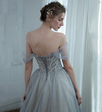 Grey tulle beads long prom dress evening dress HZ1023