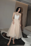Cute tulle see through short prom dress champagne evening dress HZ1023