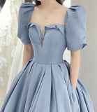 Blue Satin Elegant Short Sleeve Long A-Line Ball Gown Evening Dress HZ1023
