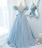 Blue saitn long A line prom dress blue evening dress HZ1023