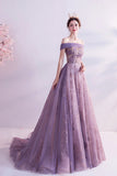 Purple tulle sequins long A line prom dress evening dress HZ1023