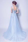 Blue tulle lace long A line prom dress blue evening dress HZ1023