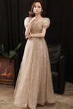 Gold tulle beads long A line prom dress evening dress HZ1023